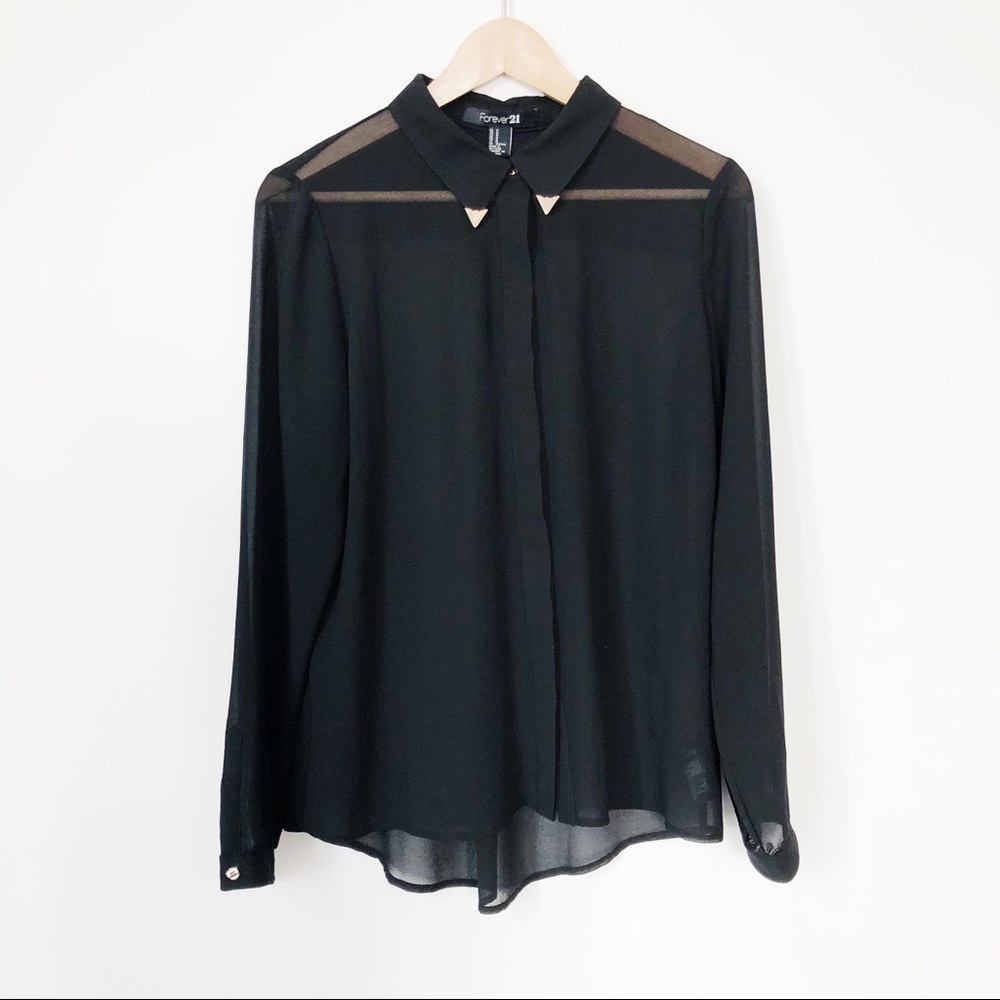 Black Sheer Blouse with Gold Collar Corners